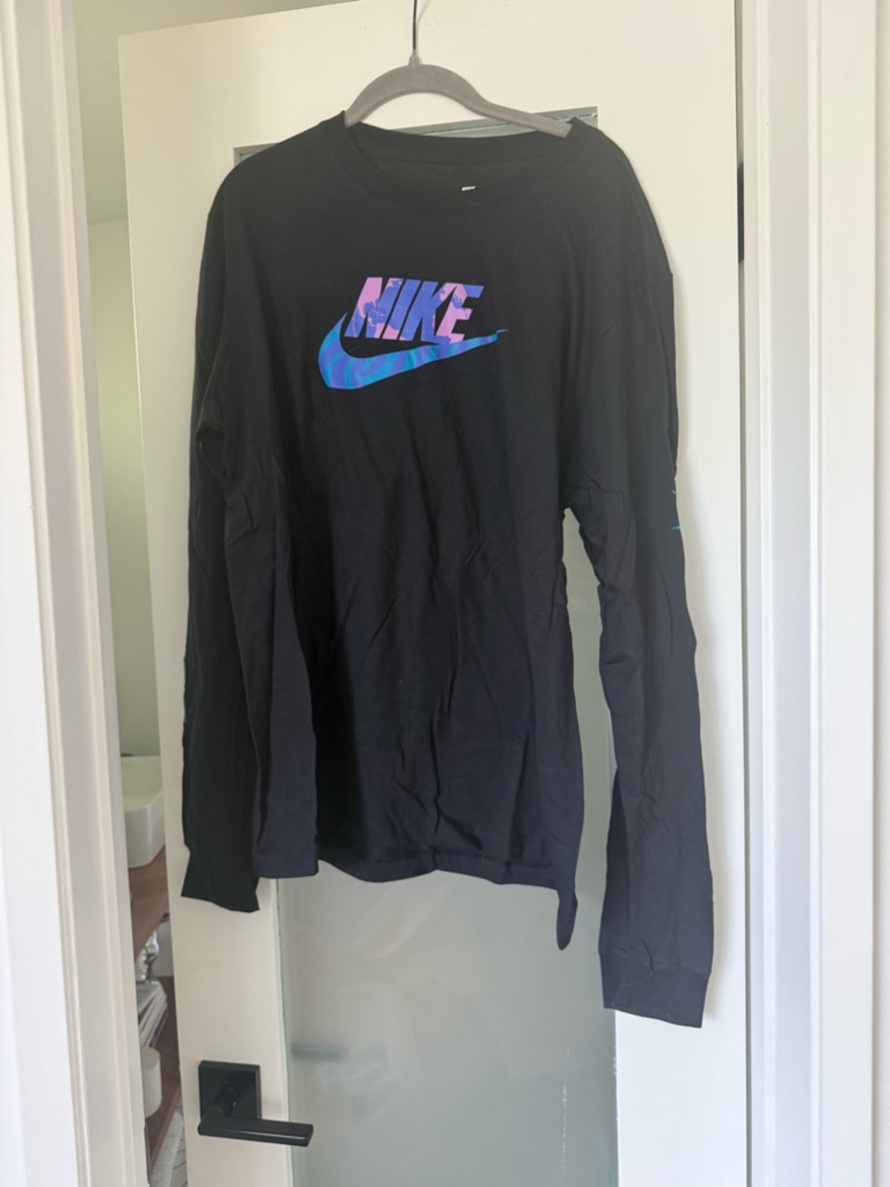 Nike Black Long Sleeve Shirt with Blue-Purple Iridescent Logo
